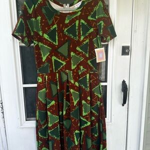 LuLaRoe Midi Dress in Brown and Green Geometric Print